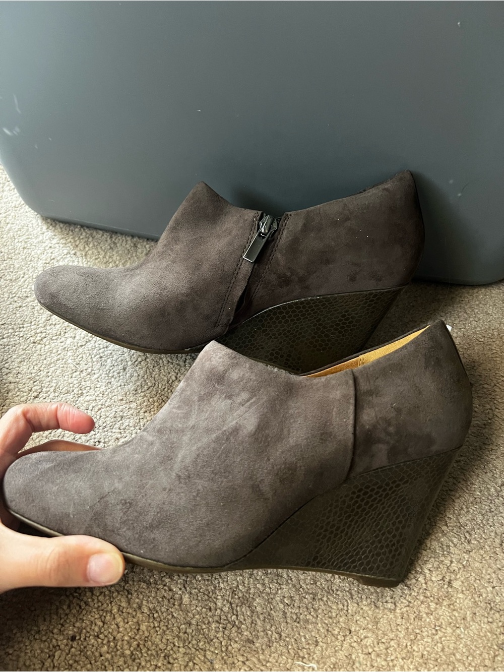 Clarks Gray Suede Wedge Booties
